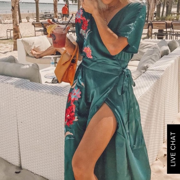 Lost Ink Dresses & Skirts - JOSEPHINA FOREST GREEN EMBROIDERED WRAP MAXI DRESS